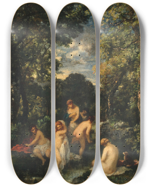 Triptych art skateboard deck of Narcissevirgile Diaz De La Pea Bathers In A Forest Stream by Narcisse-Virgile Diaz de La Pea (1808-1876)