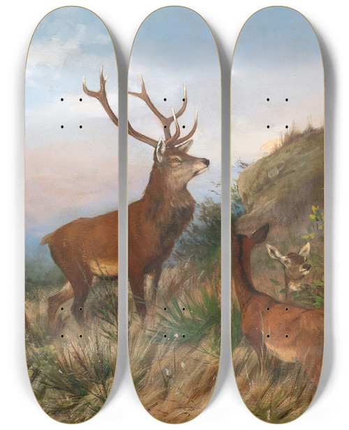 Triptych art skateboard deck of Carl Friedrich Deiker Rotwild In Der Abenddmmerung by Carl Friedrich Deiker (1836-1892)