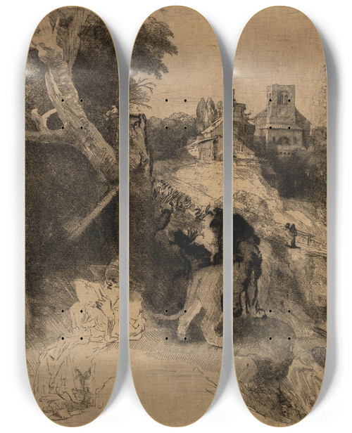 Triptych art skateboard deck of Rembrandt Van Rijn Saint Jerome Reading In An Italian Landscape by Rembrandt Van Rijn (1606-1669)