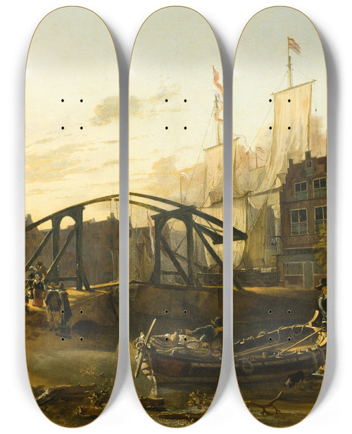 Triptych art skateboard deck of Adam Pynacker View Of A Harbor In Schiedam by Adam Pynacker (1615-1673)