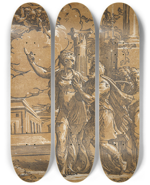Triptych art skateboard deck of Antonio Da Trento Augustus Og Den Tiburtinske Sibylle by Antonio da Trento (1508-1550)