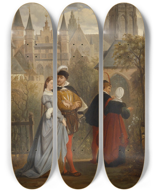 Triptych art skateboard deck of Henri Franois Schaefels Szene Aus Goethes Faust by Henri Francois Schaefels (1827-1904)