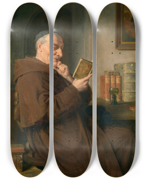 Triptych art skateboard deck of Eduard Von Grtzner Lesender Mnch Mit Weinglas by Eduard Von Grutzner (1848-1925)