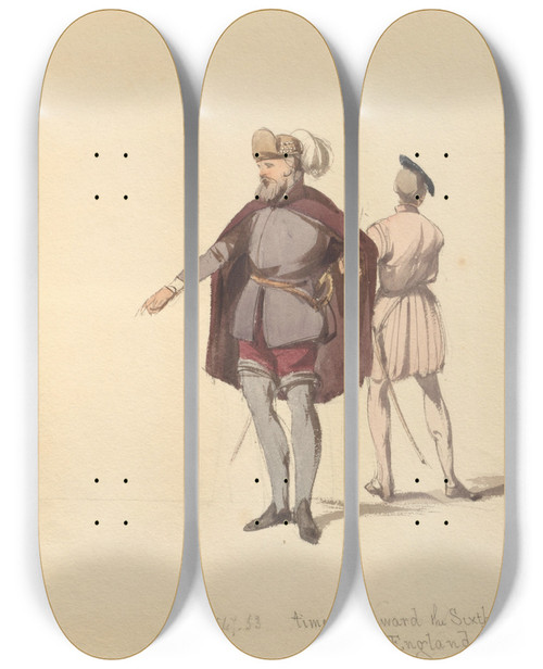 Triptych art skateboard deck of John Richard Coke Smyth Sketches Of Costume Pl095 by John Richard Coke Smyth (1808-1882)
