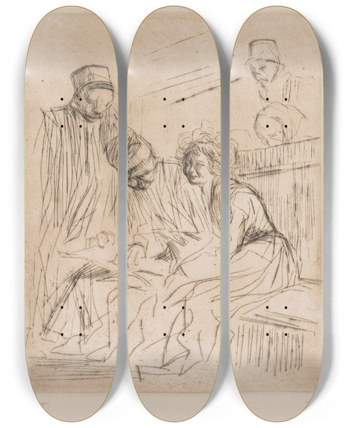 Triptych art skateboard deck of Jeanlouis Forain Reading Of The Barristers Brief by Jean Louis Forain (1852-1931)