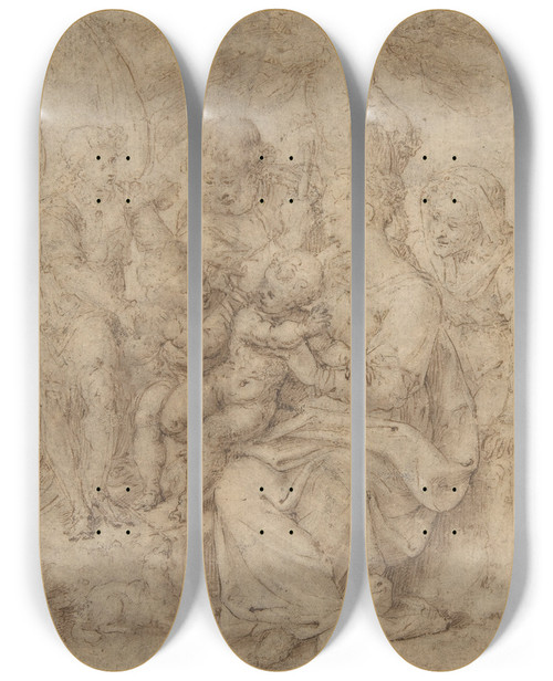 Triptych art skateboard deck of Aurelio Luini The Holy Family With The Infant Baptist Saint Elizabeth And An Attendant Angel by Aurelio Luini (1530-1593)