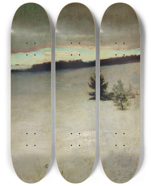Triptych art skateboard deck of John La Farge Snow Field Morning Roxbury by John La Farge (1835-1910)