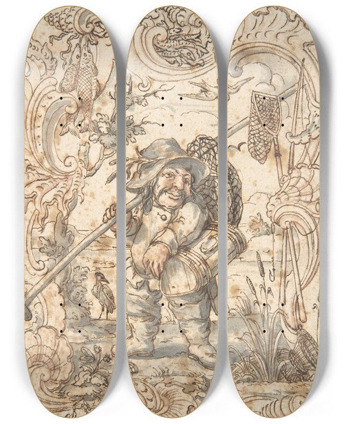 Triptych art skateboard deck of Johann Esaias Nilson Caricatures Of A Fish And A Bird Peddler In Ornamental Frames by Johann Esaias Nilson (1721-1788)