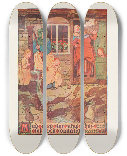 Triptych art skateboard deck of Hope Dunlap And Step For Step They Followed Dancing by Hope Dunlap