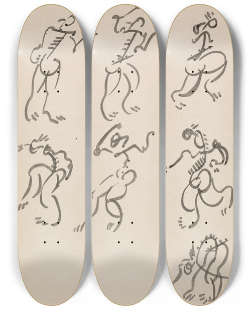 Triptych art skateboard deck of Henri Gaudierbrzeska Seven Dancing Figures In Three Registers by Henri Gaudier-Brzeska (1891-1915)
