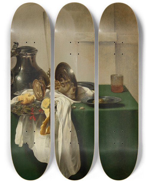 Triptych art skateboard deck of Jan Jansz Den Uyl Pewter Jug And Silver Tazza On A Table by Jan Jansz. den Uyl