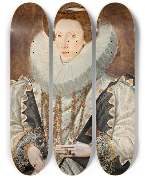 Triptych art skateboard deck of George Gower Portrait Of A Lady by George Gower (1540-1596)