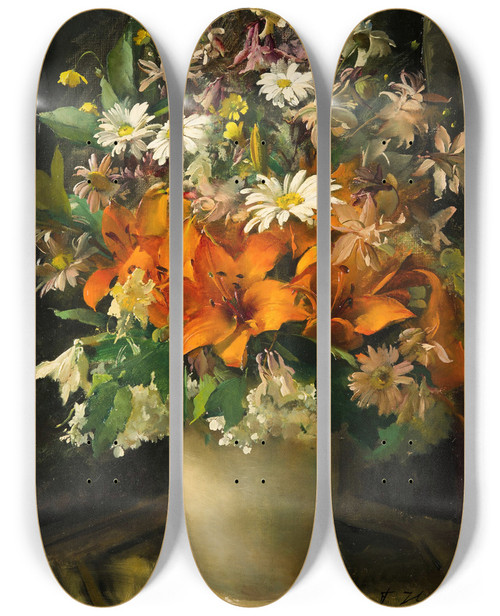Triptych art skateboard deck of Frantiek Hladk Flowers In A Vase by Frantisek Hladik (1887-1947)