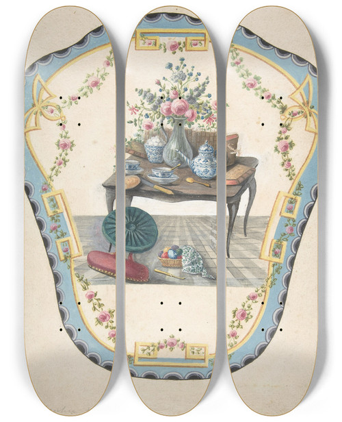 Triptych art skateboard deck of Eugne Charpentier Design For A Firescreen With A Table With A Vase Of Flowers Books And Teapot by Eugene Charpentier (1811-1890)