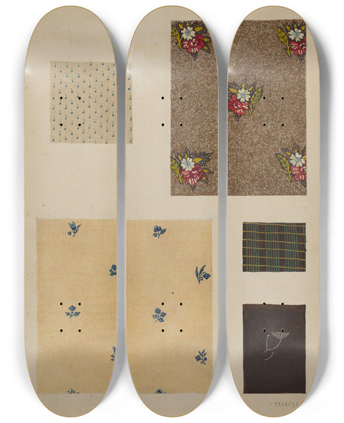 Triptych art skateboard deck of Frances Lichten Materials From Patchwork Bedspread_2 by Frances Lichten (1889-1961)