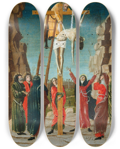 Triptych art skateboard deck of Bernardino Butinone The Descent From The Cross by Bernardino Butinone (1450-1507)