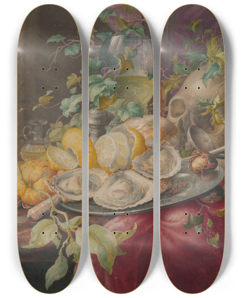 Triptych art skateboard deck of Herman Henstenburgh Vanitasstilleven Met Oesters En Schedel by Herman Henstenburgh (1667-1726)