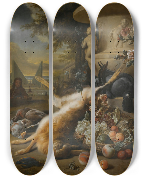 Triptych art skateboard deck of Jan Weenix A Still Life Of Game Birds Grouse A Hare And A Kingfisher With A Basket Of Fruit At The Foot Of A Stone Urn An Ornamental Garden With A Fountain Beyond by Jan Weenix (1641-1719)