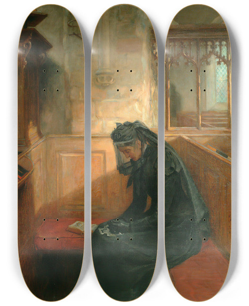 Triptych art skateboard deck of Ralph Hedley The Widow by Ralph Hedley (1848-1913)