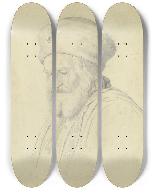 Triptych art skateboard deck of Eugen Eduard Schffer Der Kopf Des Kaufmanns Aus Overbecks Verkauf Josefs Fr Die Casa Bartholdy In Rom by Eugen Eduard Schaffer (1802-1871)