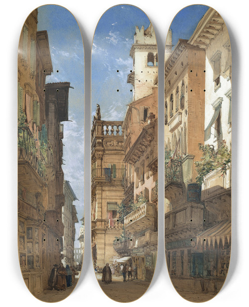 Triptych art skateboard deck of William Callow Corso Sant Anastasia With The Palazzo Maffei In Verona by William Callow (1812-1908)