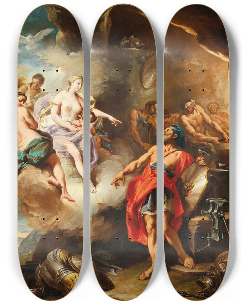 Triptych art skateboard deck of Giovanni Battista Pittoni Venus In The Forge Of Vulcan by Giovanni Battista Pittoni (1687-1767)