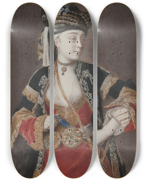 Triptych art skateboard deck of Jeanetienne Liotard Lady In Turkish Costume by Jean-Etienne Liotard (1702-1789)