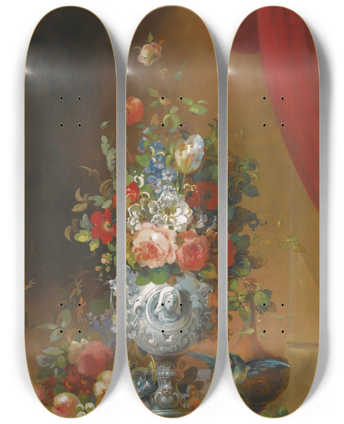 Triptych art skateboard deck of Follower Of Anne Vallayercoster Still Life With Flowers In An Urn Birds And Fruit On A Ledge Below by Follower of Anne Vallayer-Coster (1744-1818)