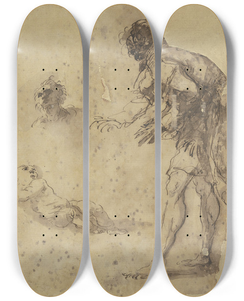 Triptych art skateboard deck of Salvator Rosa A Man Looks Down At An Infant Lying On The Ground Above There Is A Head Study by Salvator Rosa (1615-1673)