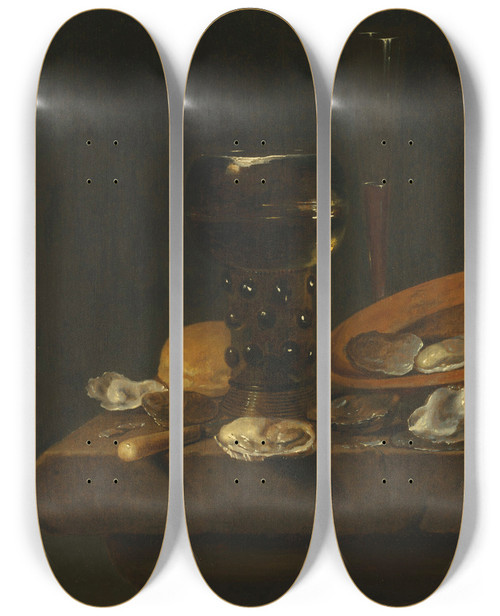 Triptych art skateboard deck of Simon Luttichuys A Prunted Roemer Of Sweet Wine And Red Wine In A Faondevenise Glass With Oysters In An Overturned Dish And Bread On A Ledge by Simon Luttichuys (1610-1661)