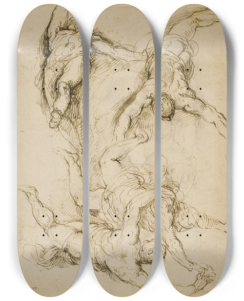 Triptych art skateboard deck of Jacopo Palma Il Giovane Fire Svvende Figurer by Jacopo Palma Il Giovane (1548-1628)