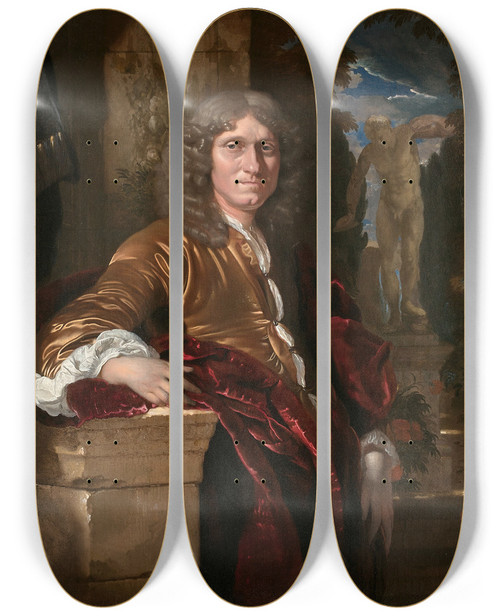Triptych art skateboard deck of Adriaen Van Der Werff Portrait Dun Gentilhomme Accoud Un Pidestal Devant Un Parc by Adriaen van der Werff (1659-1722)