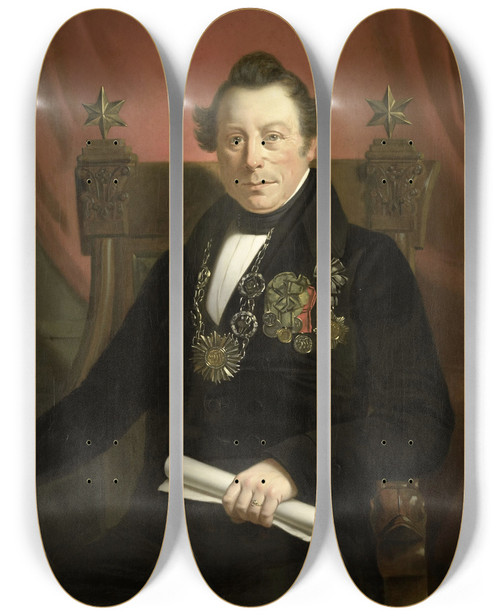 Triptych art skateboard deck of Jan Cornelis Van Rossum Portrait Of Coenraad Van Hulst Actor As President Of The Artspromoting Company Vw In Amsterdam So Named After The Founders Casper Vreedenberg And Jan Van Well by Jan Cornelis Van Rossum (1820-1905)