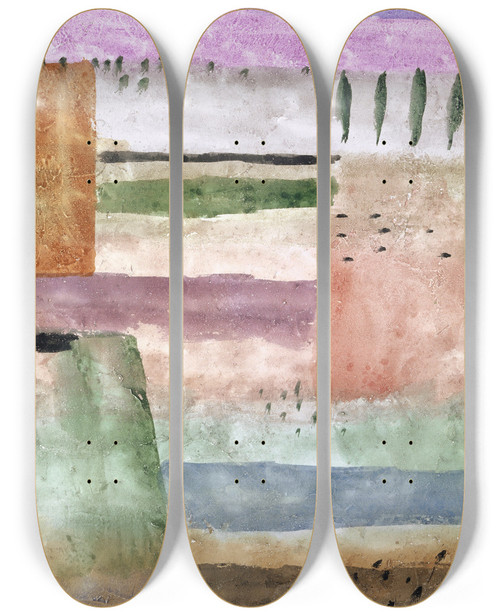 Triptych art skateboard deck of Paul Klee Landscape With Poplars by Paul Klee (1879-1940)