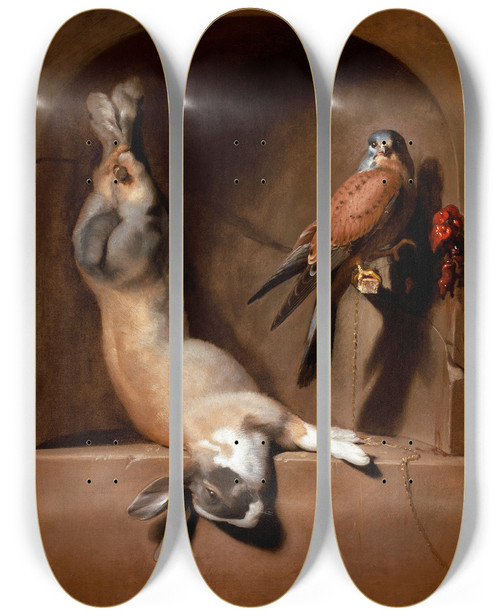 Triptych art skateboard deck of Dirck De Bray Still Life With Dead Hare And Falcon In A Niche by Dirck de Bray (1635-1694)