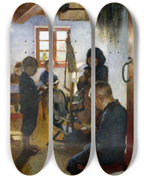 Triptych art skateboard deck of Oscar Bjrck In The Village School by Oscar Bjorck (1860-1929)