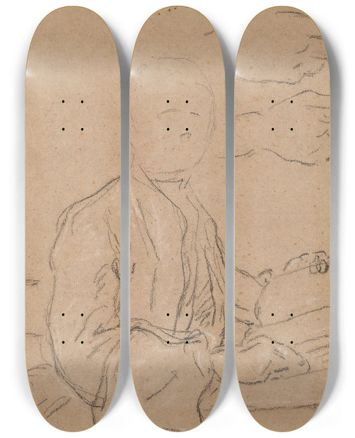 Triptych art skateboard deck of Franoislouisjoseph Watteau Esquisse Dhomme En Buste Lisant Et Tude De Mains by Franois-Louis-Joseph Watteau (1758-1823)