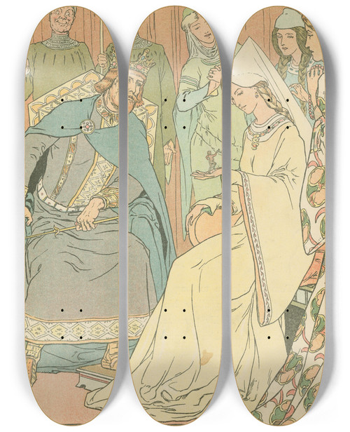 Triptych art skateboard deck of Leonard Leslie Brooke Tom Thumb With The King And Queen by Leonard Leslie Brooke (1862-1940)