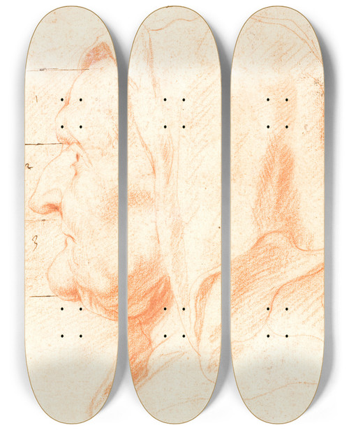 Triptych art skateboard deck of Jacob Jordaens Head Of An Old Woman In Left Profile by Jacob Jordaens (1593-1678)