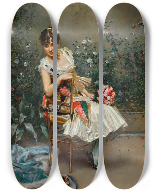 Triptych art skateboard deck of Raimundo De Madrazo Y Garreta Aline With Flowers by Raimundo De Madrazo Y Garreta (1841-1920)