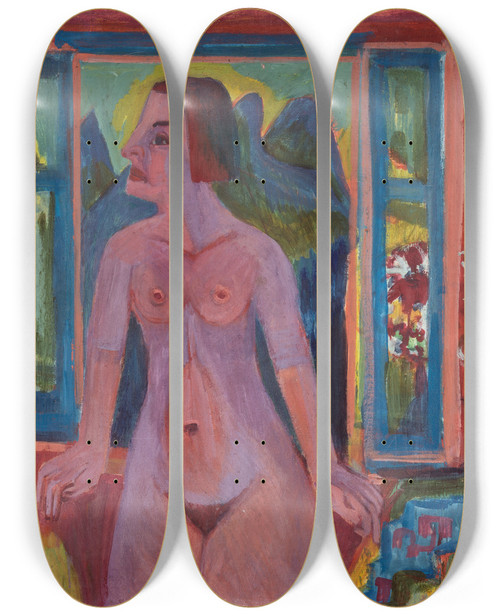 Triptych art skateboard deck of Ernst Ludwig Kirchner Nude Woman At Window_1 by Ernst Ludwig Kirchner (1880-1938)