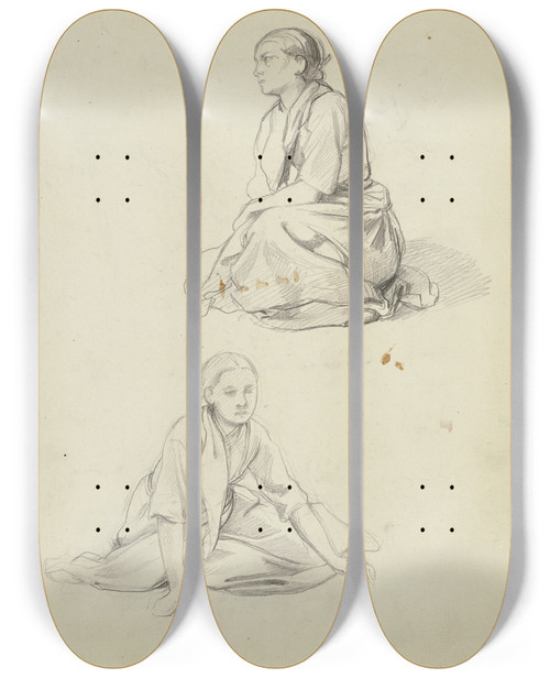 Triptych art skateboard deck of Jakob Becker Studienblatt Auf Der Erde Sitzende Frau_2 by Jakob Becker (1810-1872)