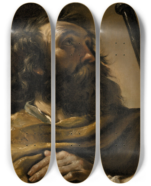 Triptych art skateboard deck of Guercino Saint Alexius In A Brown Wrap Holding A Staff by Guercino (1591-1666)