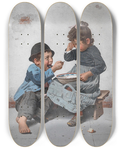 Triptych art skateboard deck of Giulio Del Torre A Bowl With Porridge by Giulio del Torre (1856-1932)