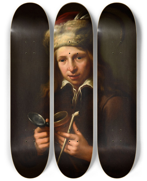 Triptych art skateboard deck of Ary De Vois Jeune Fumeur by Ary de Vois (1632-1680)