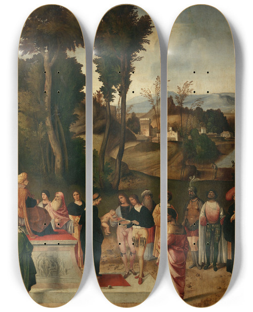 Triptych art skateboard deck of Giorgione Moses Undergoing Trial By Fire by Giorgione (1477-1510)