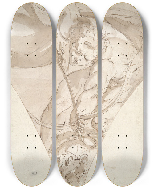 Triptych art skateboard deck of Luca Cambiaso Apollo Killing The Python Study For A Spandrel In The Palazzo Antonio Doria Palazzo Della Prefetturagenoa by Luca Cambiaso (1527-1585)