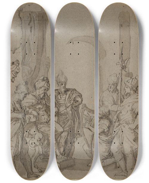 Triptych art skateboard deck of Carlo Caliari David Plays The Harp For King Saul by Carlo Caliari (1567-1592)
