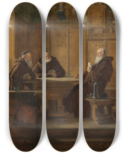 Triptych art skateboard deck of Eduard Von Grtzner Das Kartenspiel by Eduard Von Grutzner (1848-1925)