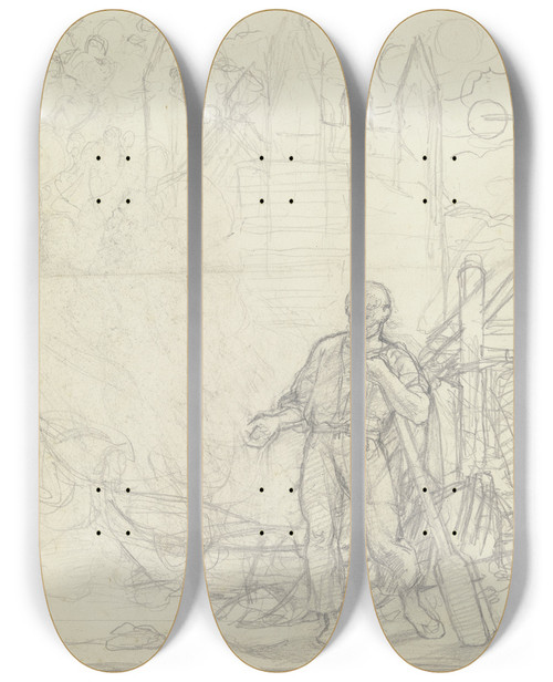 Triptych art skateboard deck of Jakob Becker Ein Mann An Einem Zu Wasser Gelassenen Boot Das Ruder In Der Hand Haltend Im Hintergrund Der Wormser Oder Speyerer Dom by Jakob Becker (1810-1872)